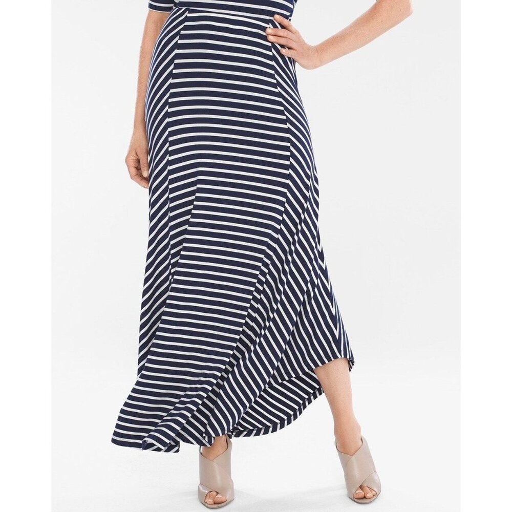 Chicos Striped L 12 Blue White Maxi Skirt Size 2 Modest Church Beach Cruise Summ